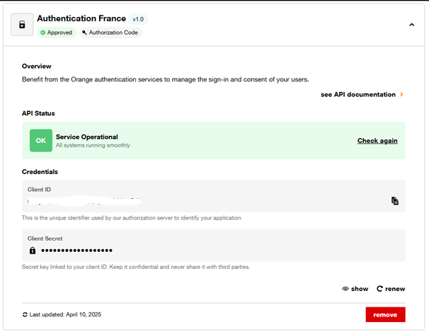 API information screen in the new OD console