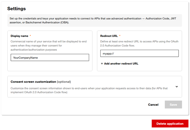 Application settings screen in the new OD console