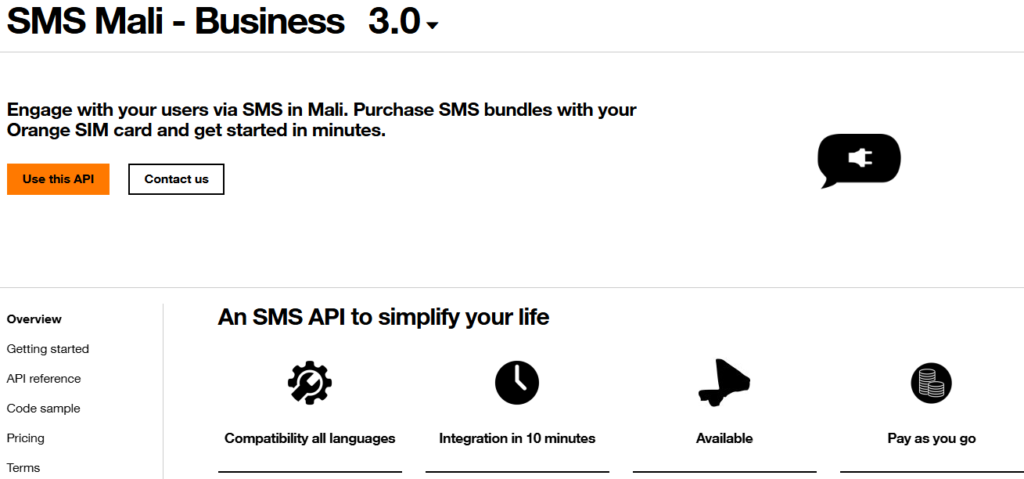 Overview page of the SMS Mali API