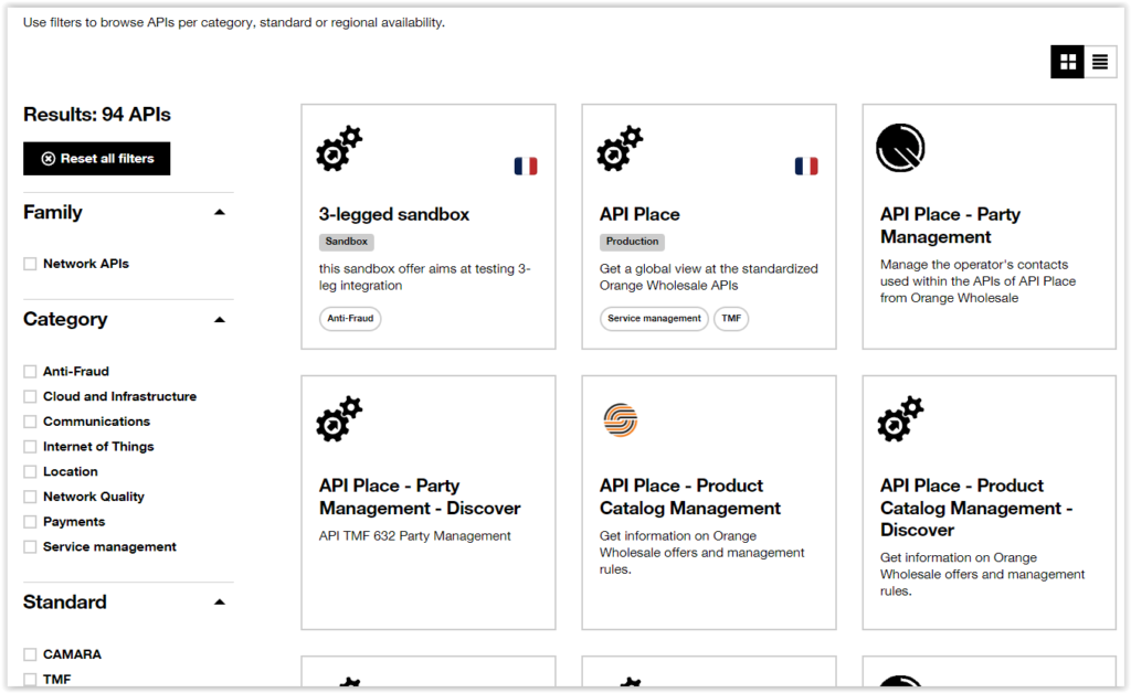 API Catalog on Orange Developer