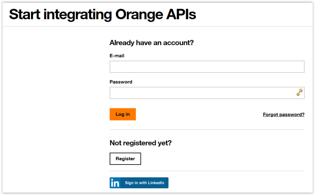 LogIn / Register page on Orange Developer