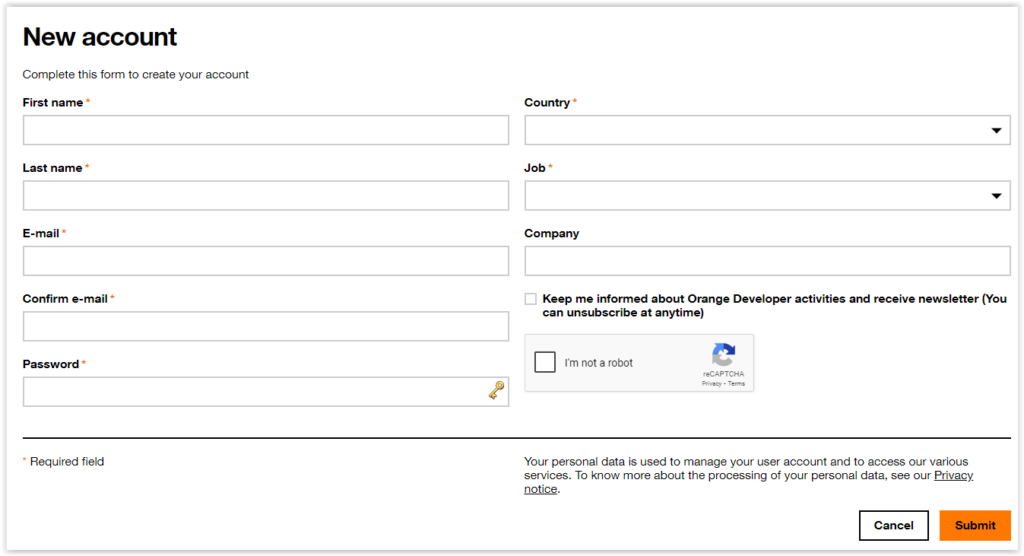 Account creation page
