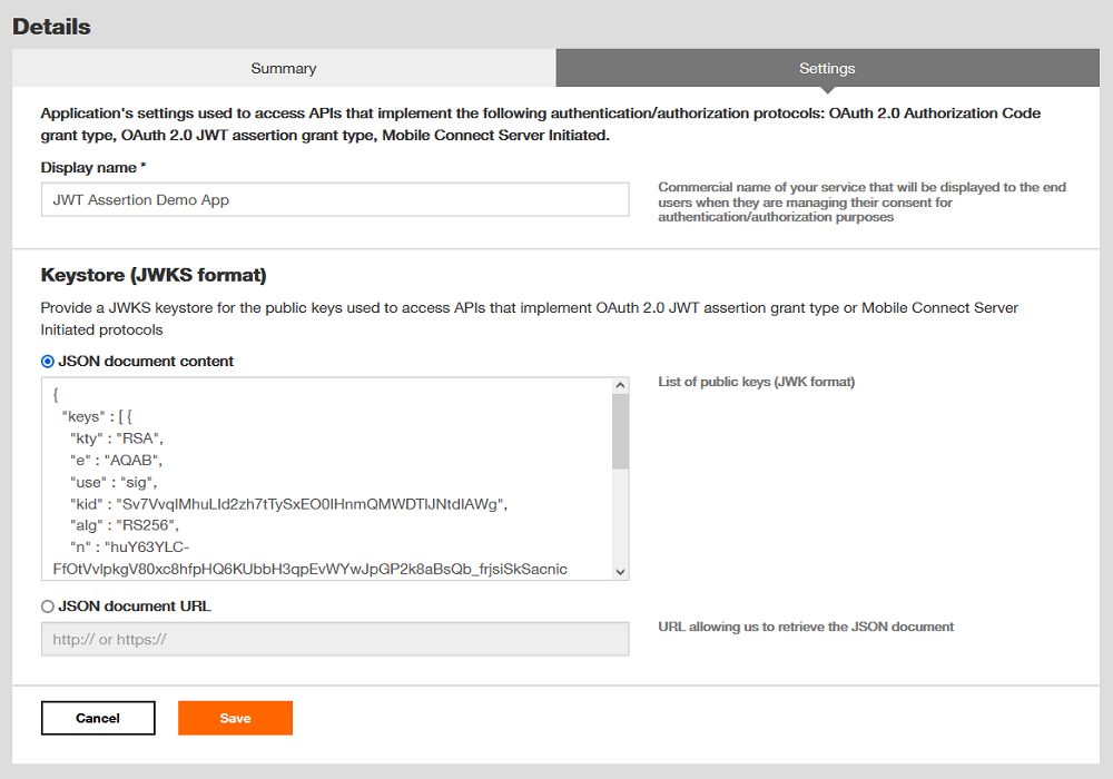 Orange Developer - AppDetails / settings - JWKS JSON content